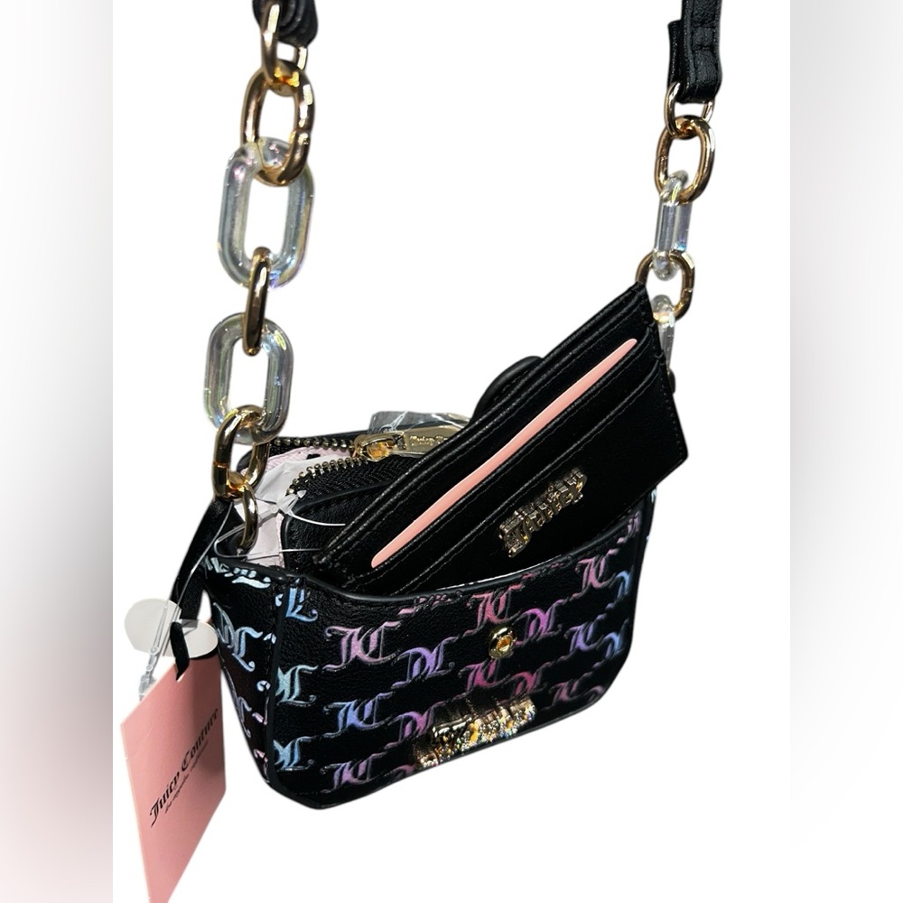 Juicy Couture Black and Pink Mini Crossbody Bag, Beautiful Chain and Card Holder - Picture 7 of 8